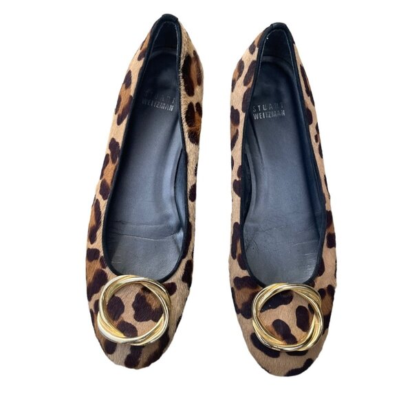 Stuart Weitzman Leopard Print Hair Ballet Flats 8M Gold Buckle Detail Womens - Picture 1 of 7